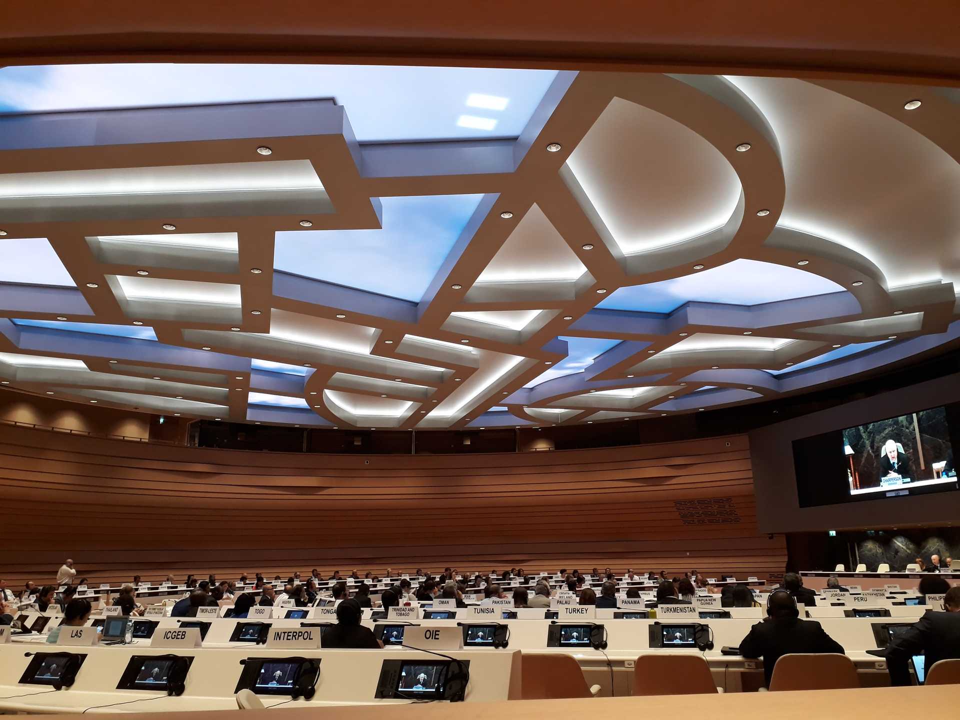 The conference room holds several places for representatives of different institutions. Some people can be seen attending; a speech is delivered via video.